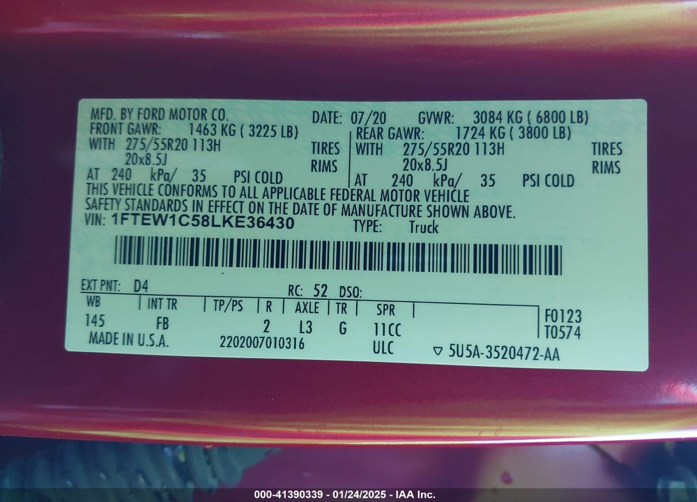 2020 FORD F-150 VIN: 1FTEW1C58LKE36430