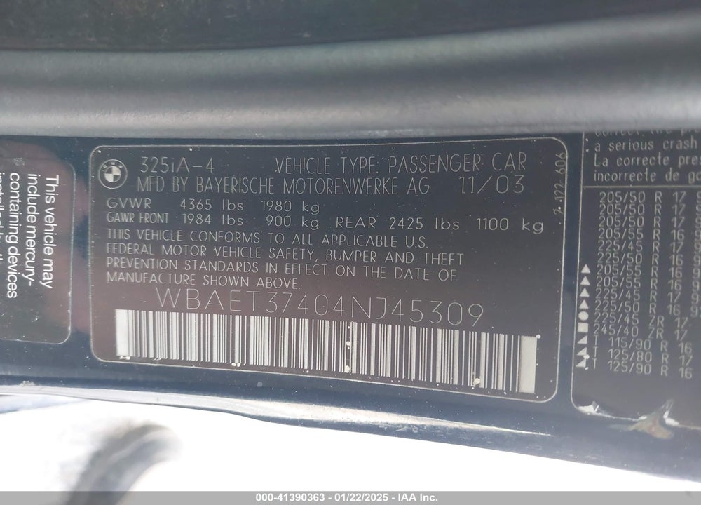 2004 BMW 325I VIN: WBAET37404NJ45309