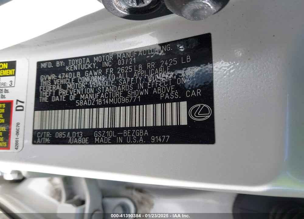 2021 LEXUS ES 350 VIN: 58ADZ1B14MU096771