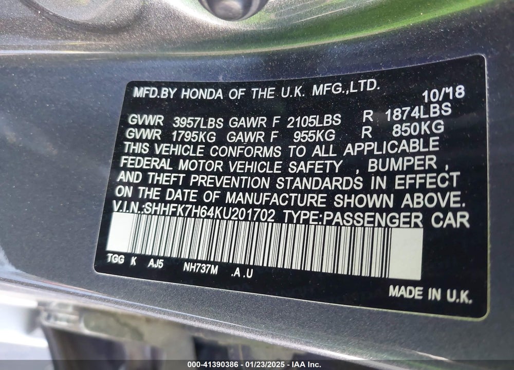 2019 HONDA CIVIC VIN: SHHFK7H64KU201702