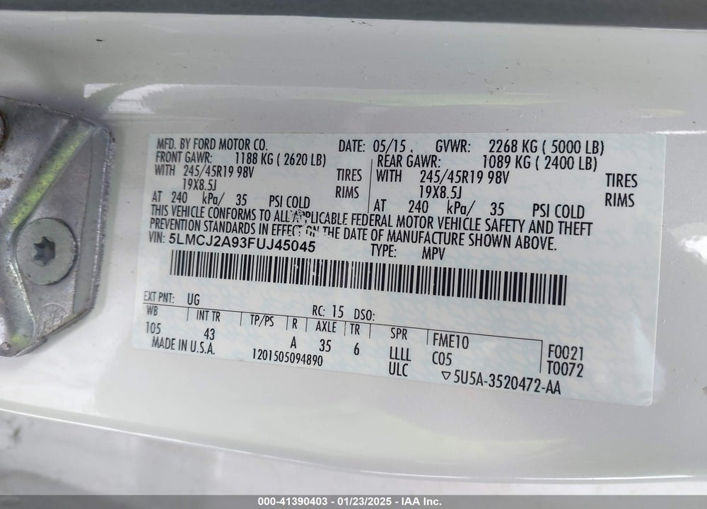 2015 LINCOLN MKC VIN: 5LMCJ2A93FUJ45045