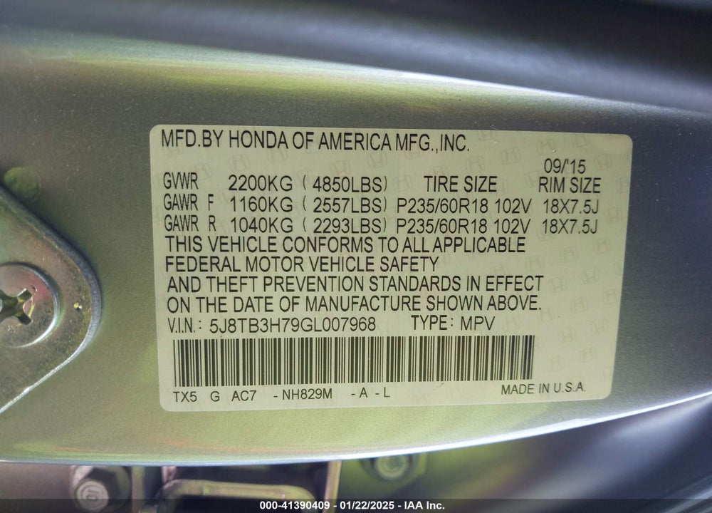2016 ACURA RDX ADVANCE PACKAGE VIN: 5J8TB3H79GL007968