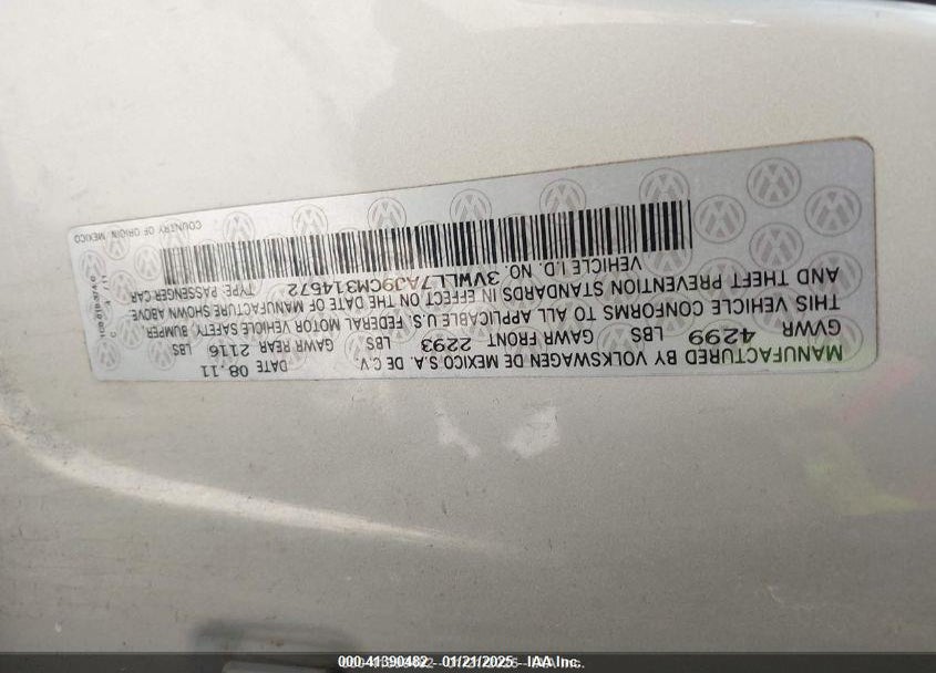 2012 VOLKSWAGEN JETTA VIN: 3VWLL7AJ9CM314572