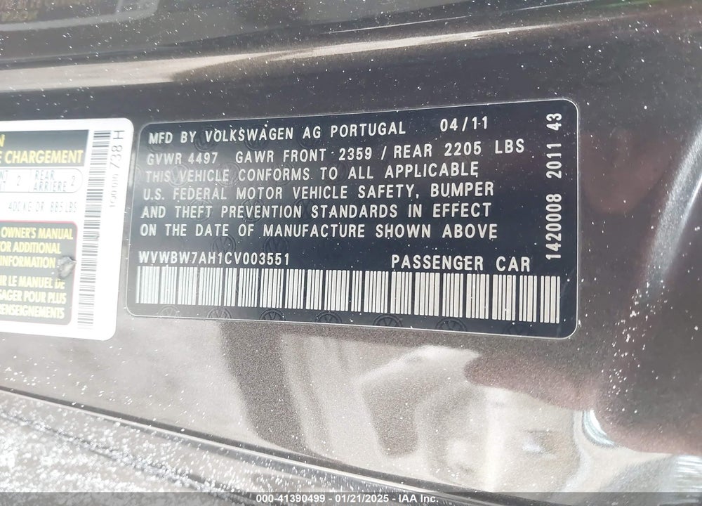 2012 VOLKSWAGEN EOS VIN: WVWBW7AH1CV003551