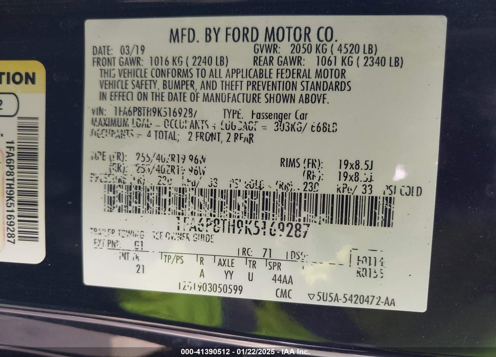 2019 FORD MUSTANG ECOBOOST VIN: 1FA6P8TH9K5169287