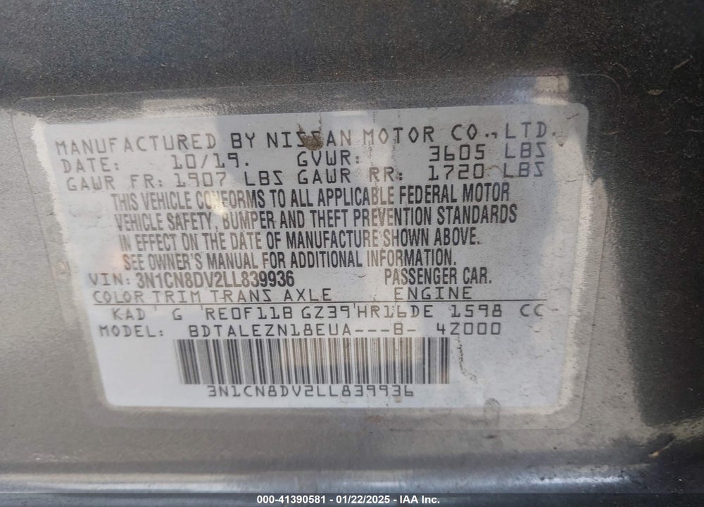 2020 NISSAN VERSA S XTRONIC CVT VIN: 3N1CN8DV2LL839936
