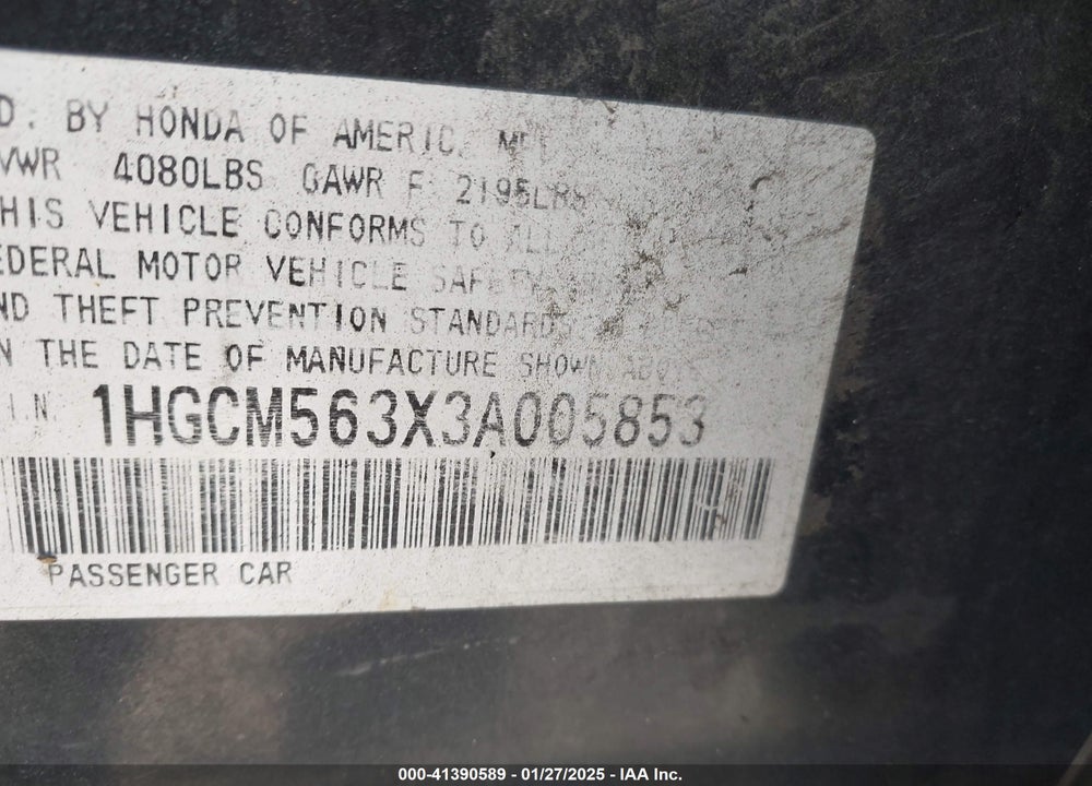 2003 HONDA ACCORD 2.4 LX VIN: 1HGCM563X3A005853
