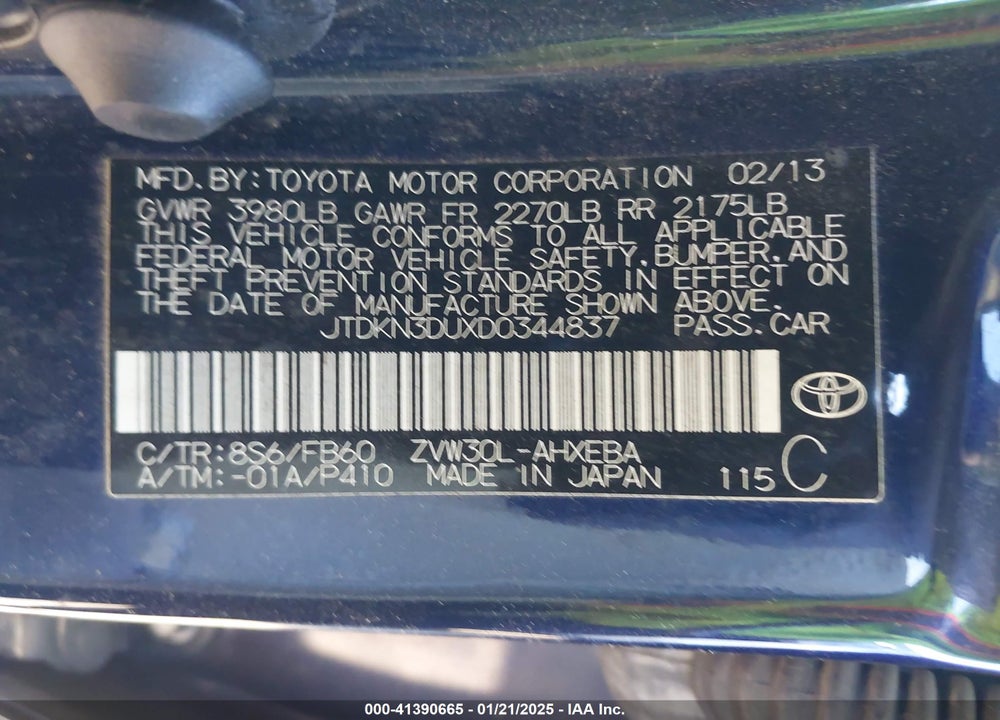 2013 TOYOTA PRIUS THREE VIN: JTDKN3DUXD0344837