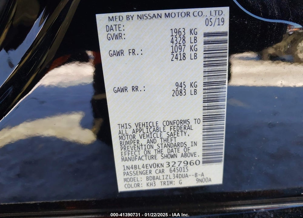 2019 NISSAN ALTIMA 2.5 SL VIN: 1N4BL4EV0KN327960