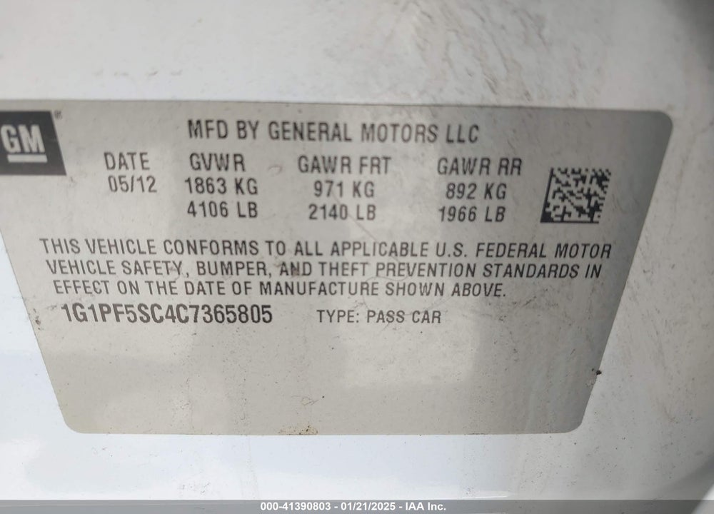 2012 CHEVROLET CRUZE VIN: 1G1PF5SC4C7365805