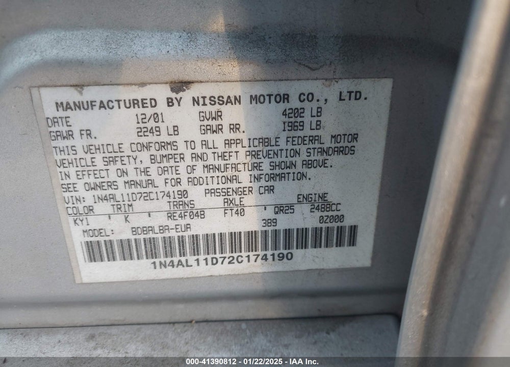 2002 NISSAN ALTIMA 2.5 S VIN: 1N4AL11D72C174190