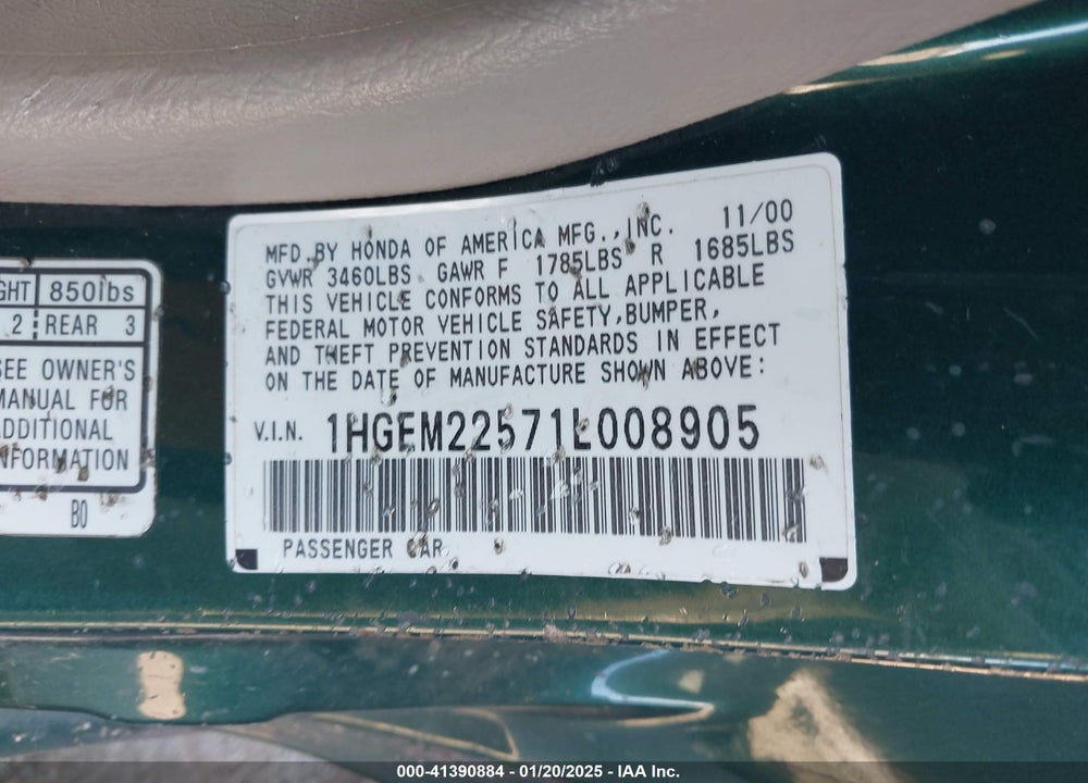 2001 HONDA CIVIC LX VIN: 1HGEM22571L008905