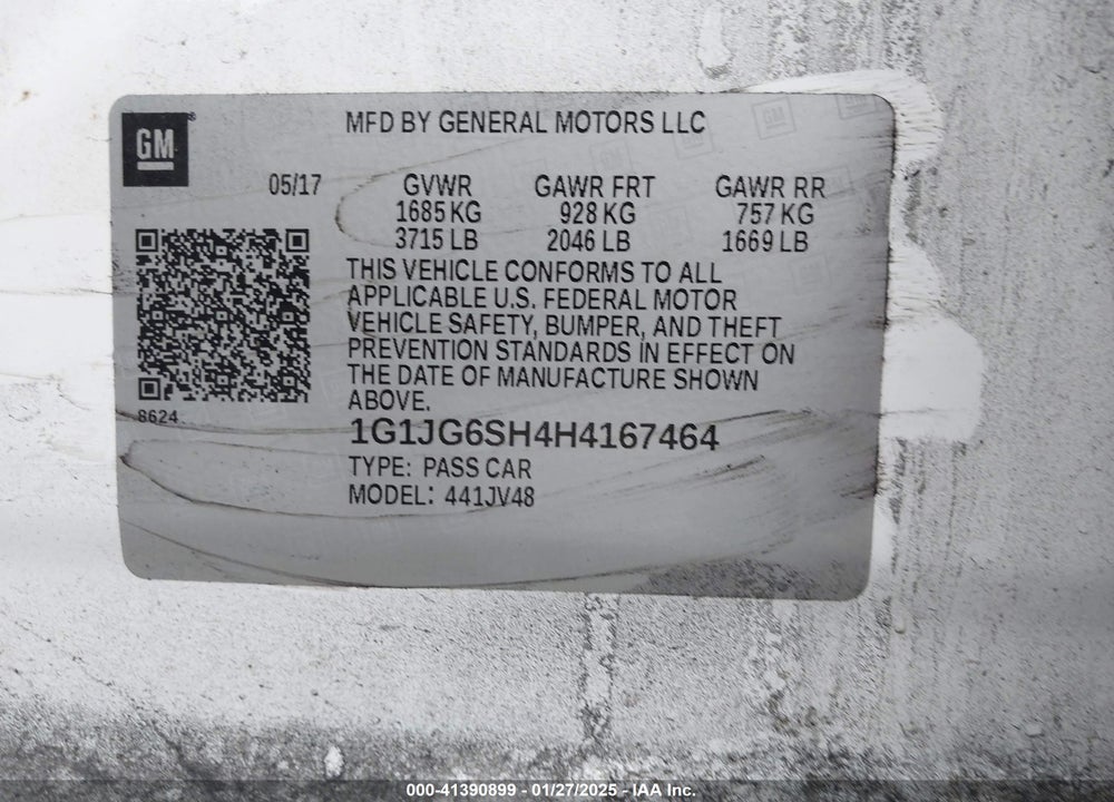 2017 CHEVROLET SONIC VIN: 1G1JG6SH4H4167464
