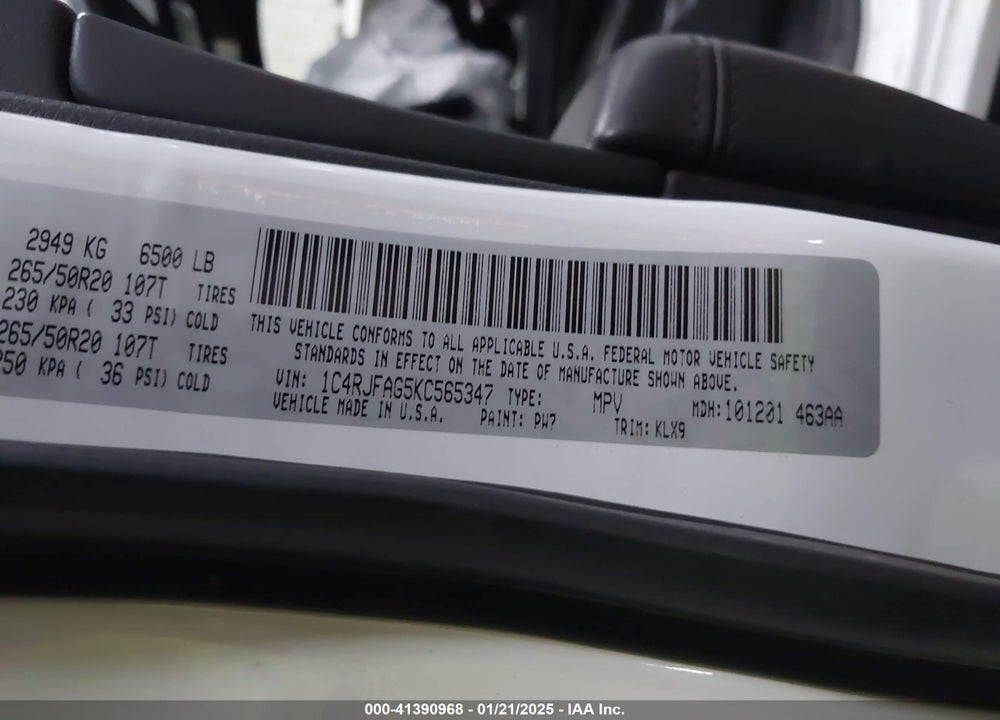 2019 JEEP GRAND CHEROKEE VIN: 1C4RJFAG5KC565347