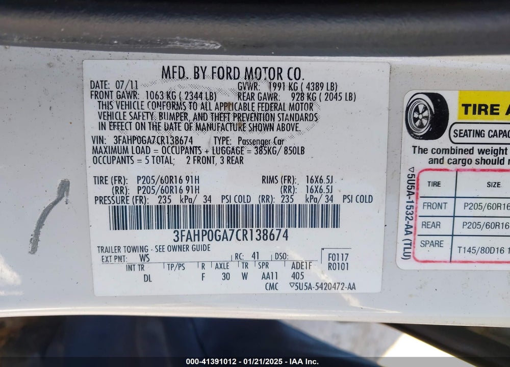 2012 FORD FUSION VIN: 3FAHP0GA7CR138674