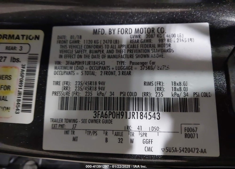 2018 FORD FUSION VIN: 3FA6P0H91JR184543