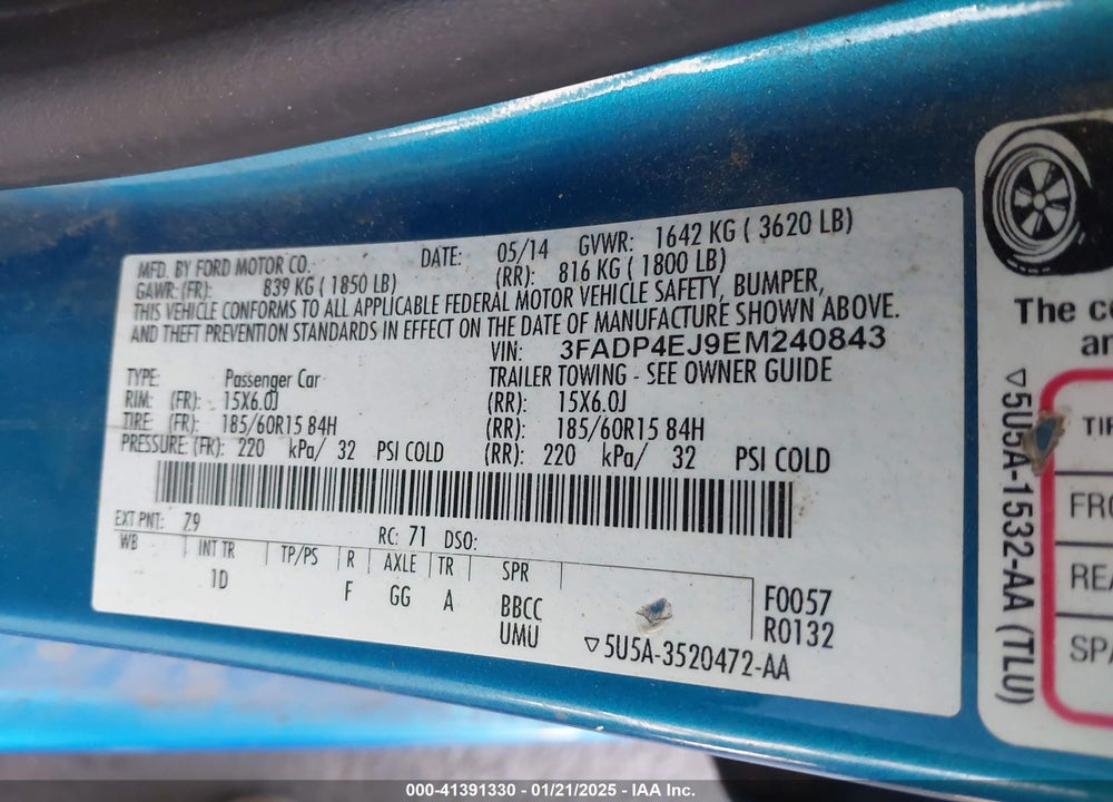 2014 FORD FIESTA VIN: 3FADP4EJ9EM240843
