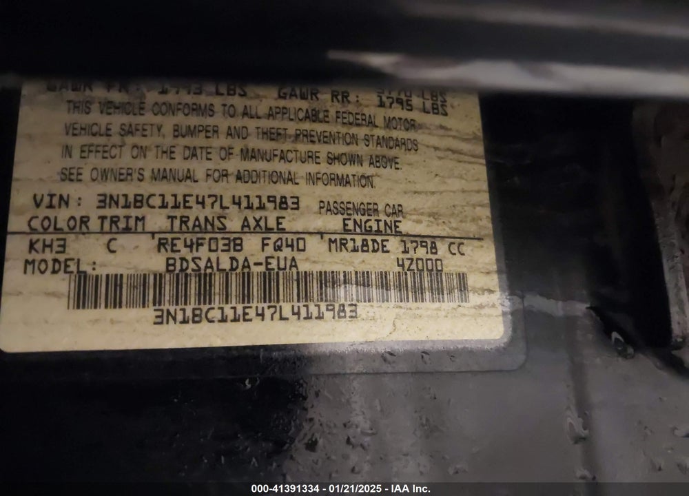 2007 NISSAN VERSA 1.8S VIN: 3N1BC11E47L411983