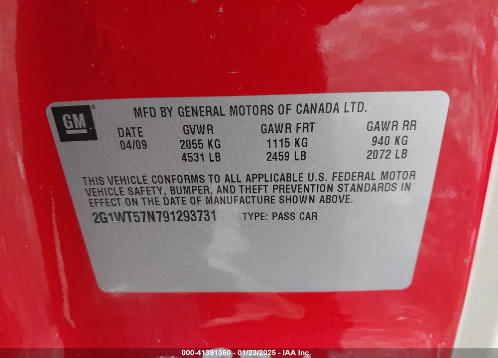 2009 CHEVROLET IMPALA LT VIN: 2G1WT57N791293731