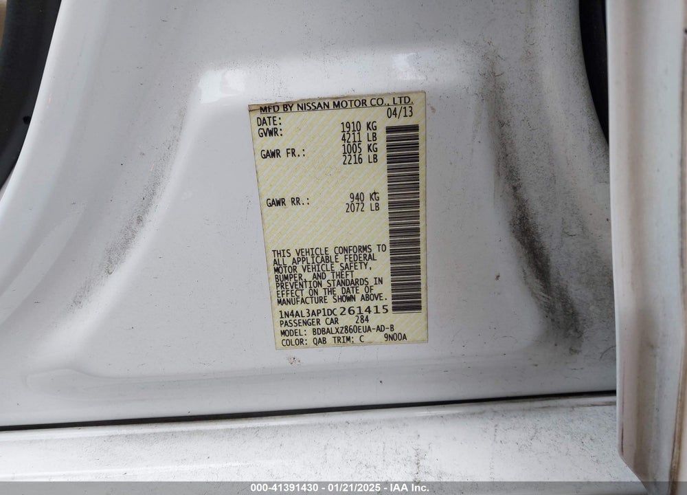 2013 NISSAN ALTIMA 2.5 SL VIN: 1N4AL3AP1DC261415