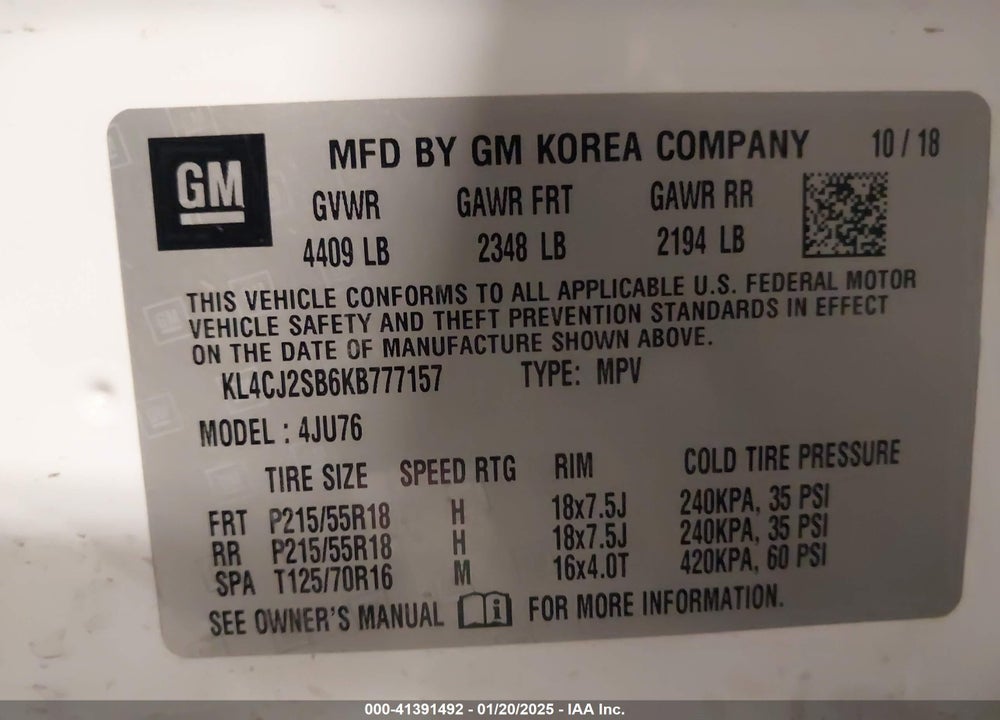 2019 BUICK ENCORE AWD SPORT TOURING VIN: KL4CJ2SB6KB777157