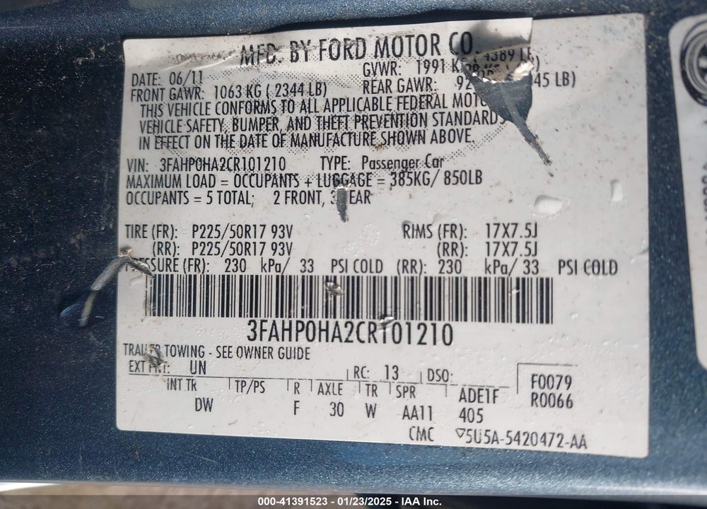 2012 FORD FUSION SE VIN: 3FAHP0HA2CR101210