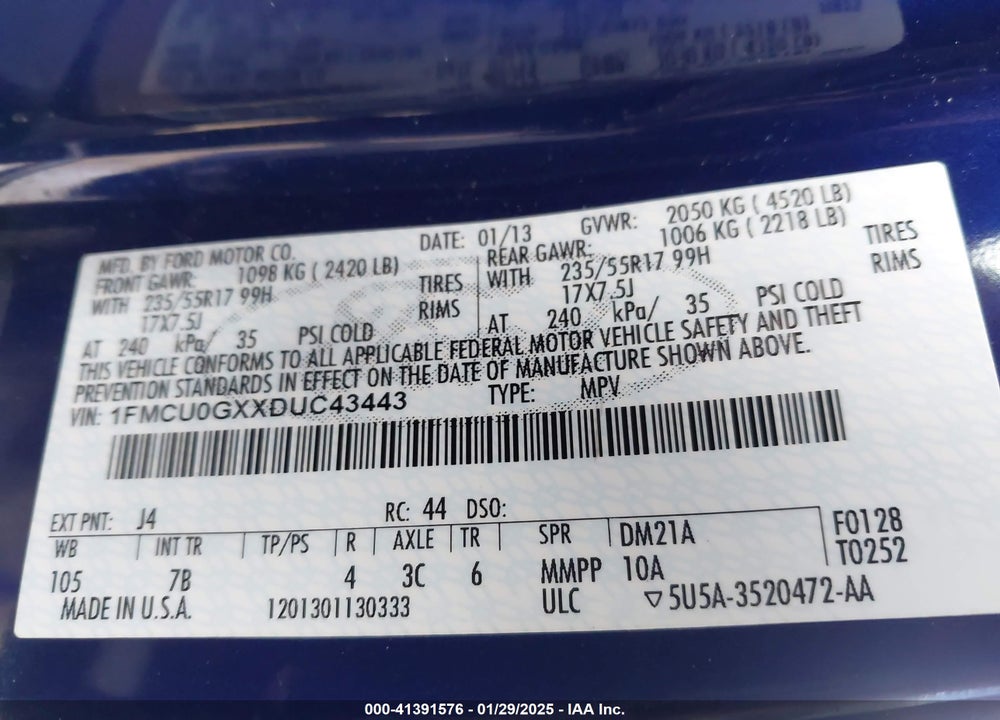 2013 FORD ESCAPE SE VIN: 1FMCU0GXXDUC43443