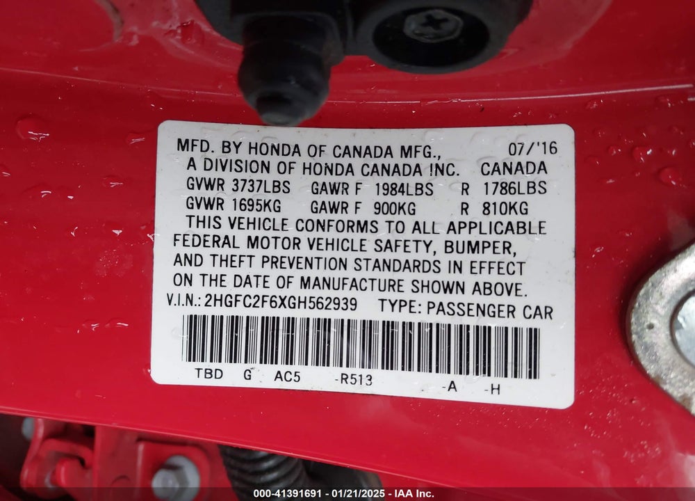 2016 HONDA CIVIC VIN: 2HGFC2F6XGH562939