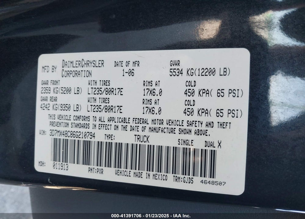 2006 DODGE RAM 3500 LARAMIE VIN: 3D7MX48C86G210794