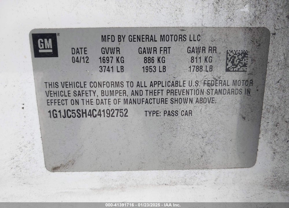 2012 CHEVROLET SONIC VIN: 1G1JC5SH4C4192752