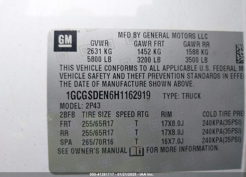 2017 CHEVROLET COLORADO Z71 VIN: 1GCGSDEN6H1162919