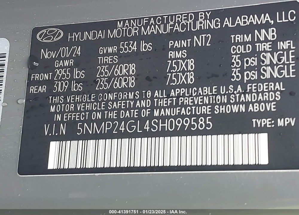 2025 HYUNDAI SANTA FE VIN: 5NMP24GL4SH099585