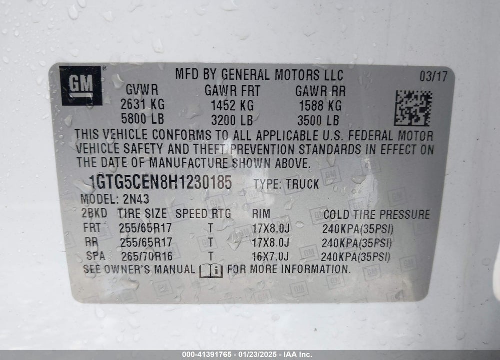 2017 GMC CANYON VIN: 1GTG5CEN8H1230185