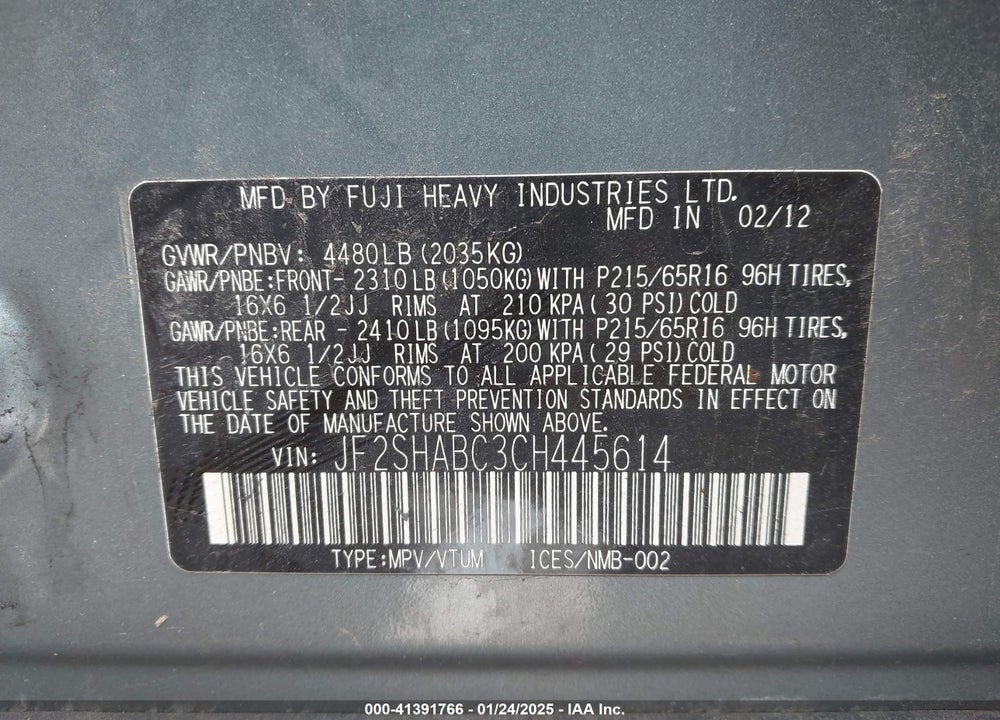 2012 SUBARU FORESTER 2.5X VIN: JF2SHABC3CH445614