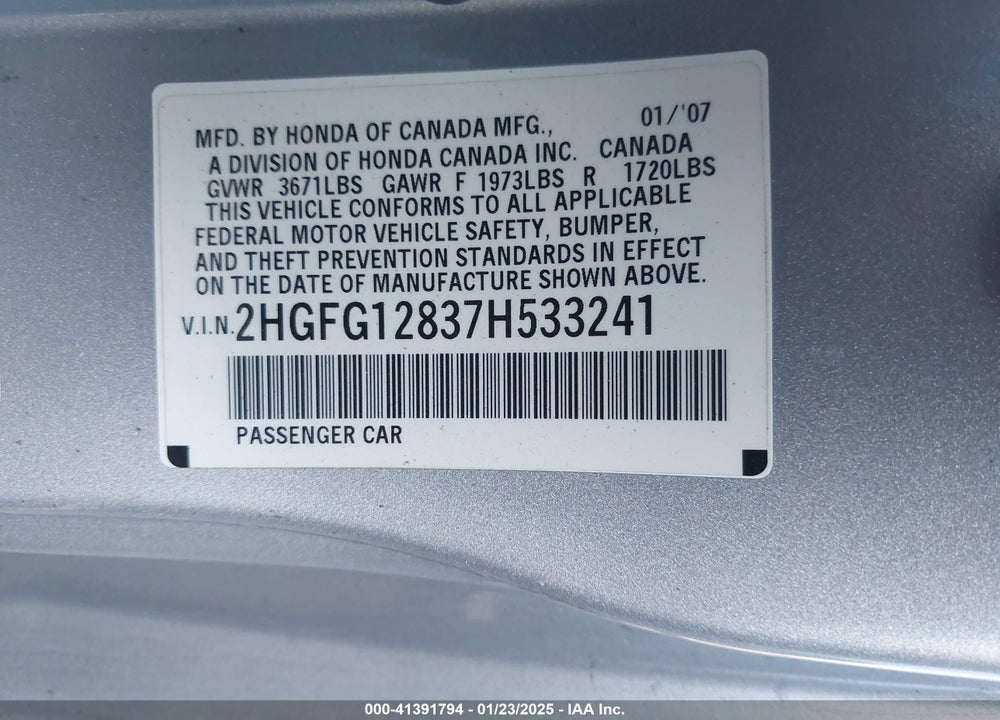 2007 HONDA CIVIC VIN: 2HGFG12837H533241