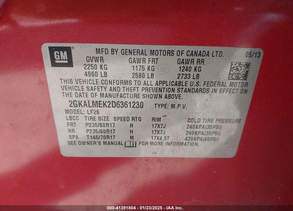 2013 GMC TERRAIN SLE-1 VIN: 2GKALMEK2D6361230