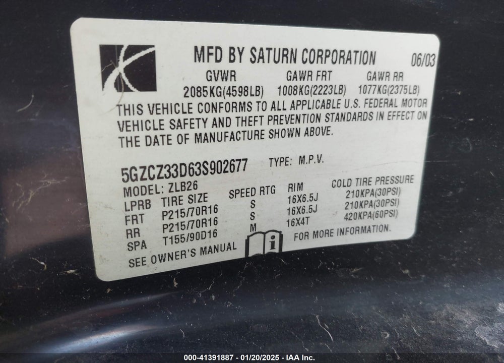 2003 SATURN VUE 4 CYL VIN: 5GZCZ33D63S902677