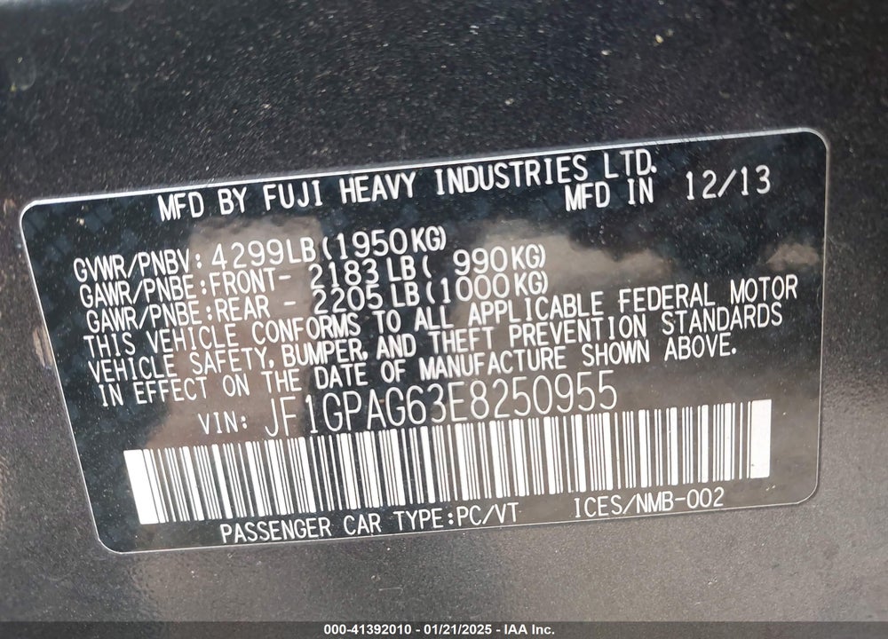 2014 SUBARU IMPREZA VIN: JF1GPAG63E8250955