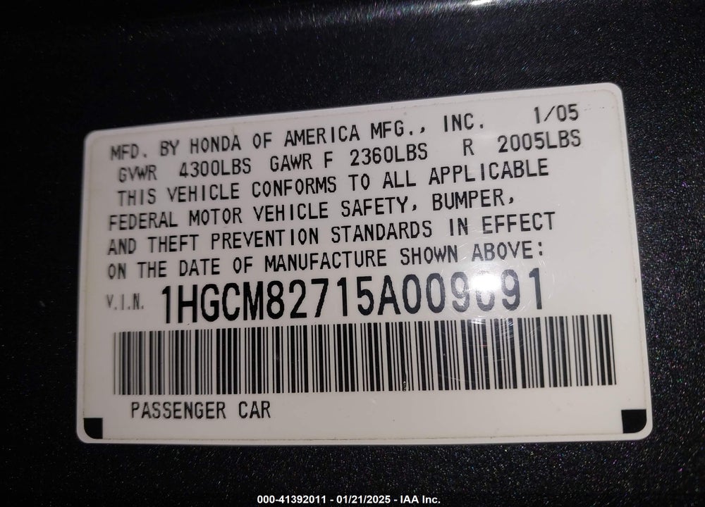 2005 HONDA ACCORD 3.0 EX VIN: 1HGCM82715A009691