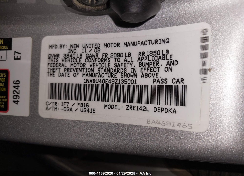 2009 TOYOTA COROLLA VIN: 1NXBU40E49Z135001