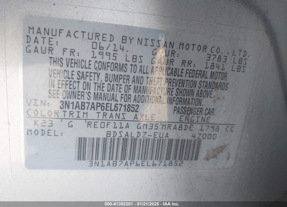 2014 NISSAN SENTRA VIN: 3N1AB7AP6EL671852