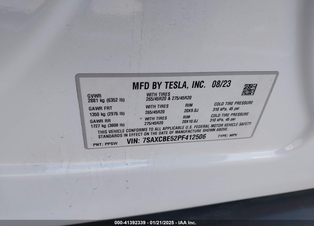 2023 TESLA MODEL X VIN: 7SAXCBE52PF412506