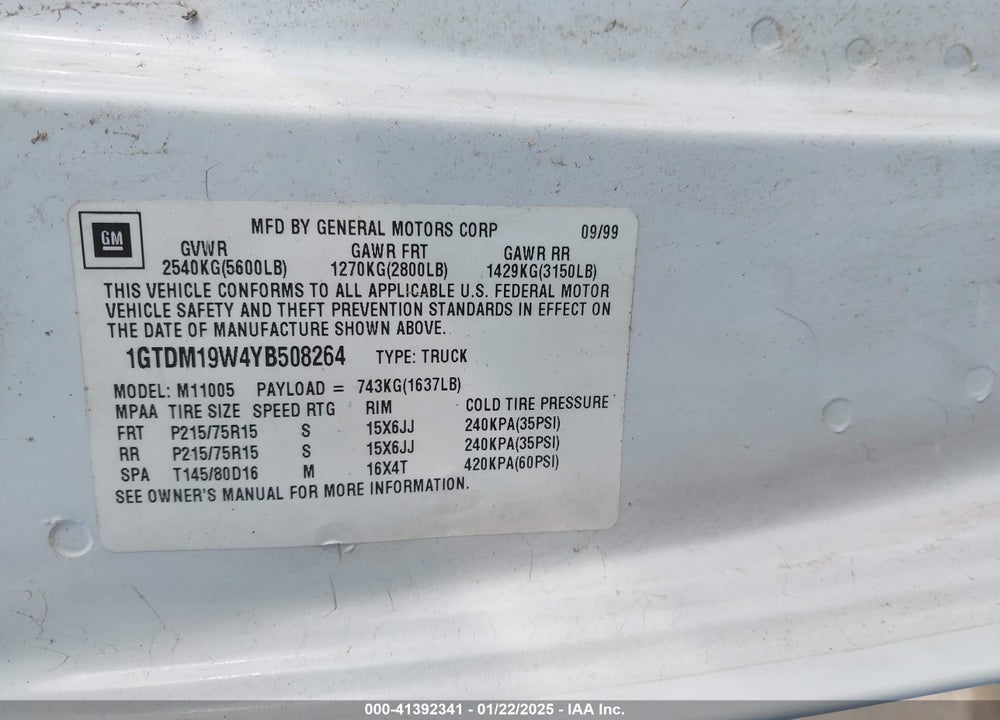 2000 GMC SAFARI STANDARD VIN: 1GTDM19W4YB508264