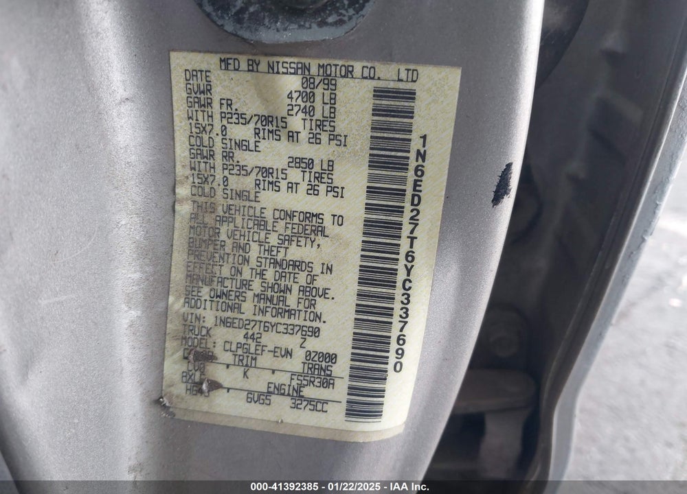 2000 NISSAN FRONTIER SE-V6/XE-V6 VIN: 1N6ED27T6YC337690
