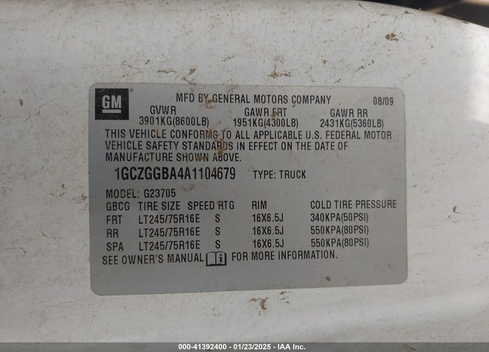 2010 CHEVROLET EXPRESS 2500 WORK VAN VIN: 1GCZGGBA4A1104679