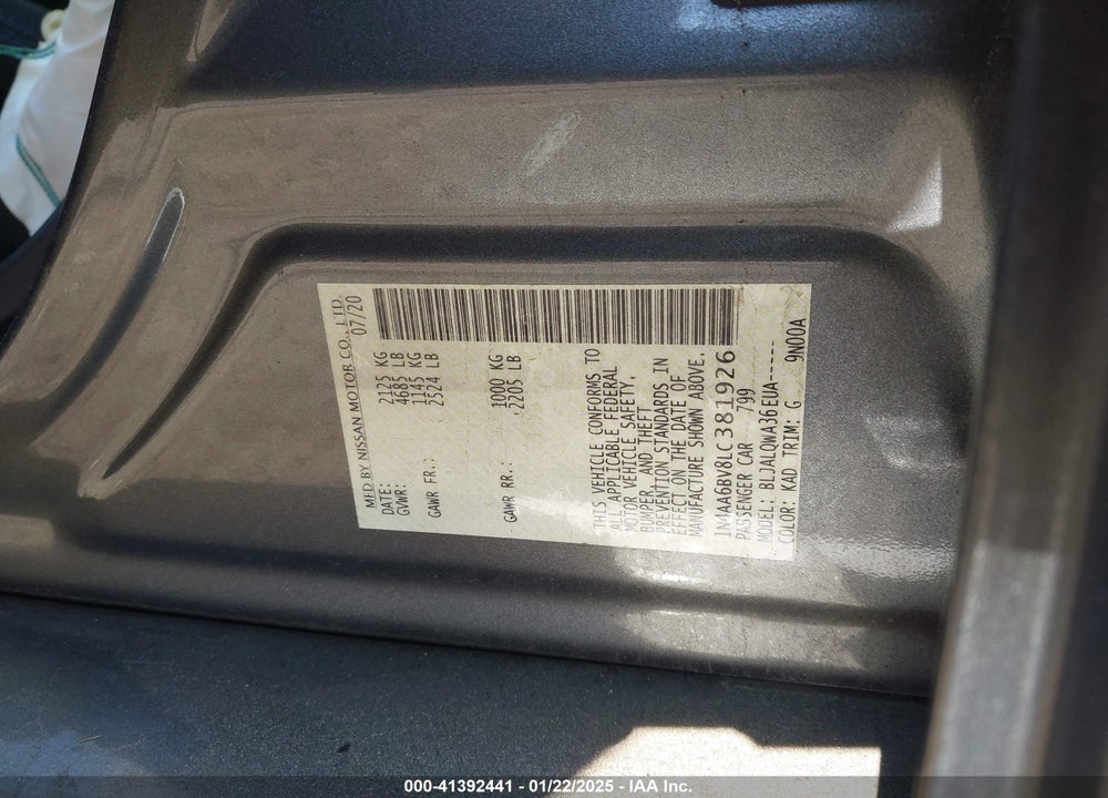 2020 NISSAN MAXIMA VIN: 1N4AA6BV8LC381926