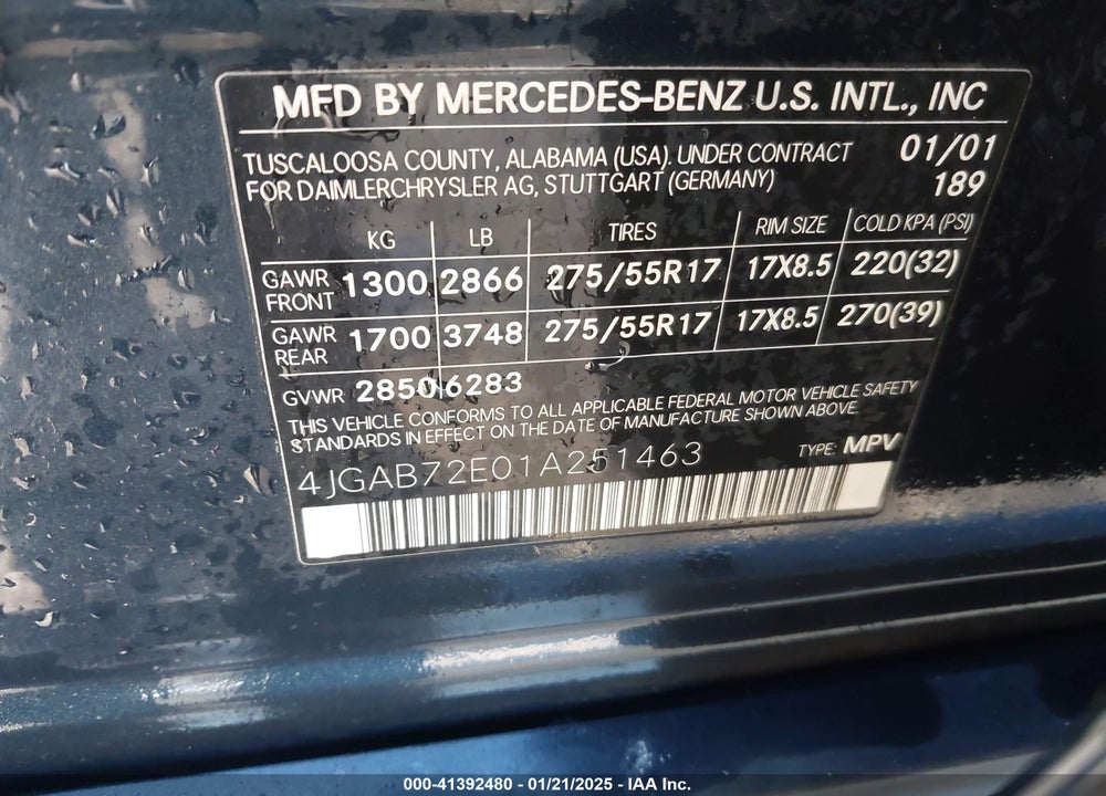 2001 MERCEDES-BENZ ML 430 VIN: 4JGAB72E01A251463