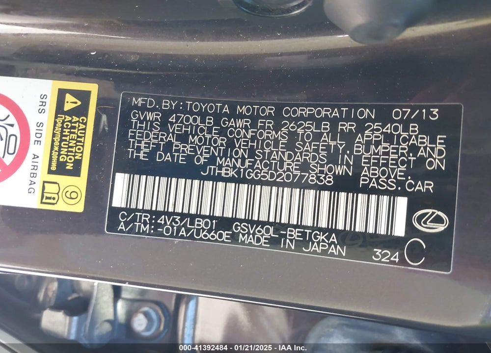 2013 LEXUS ES 350 VIN: JTHBK1GG5D2077838