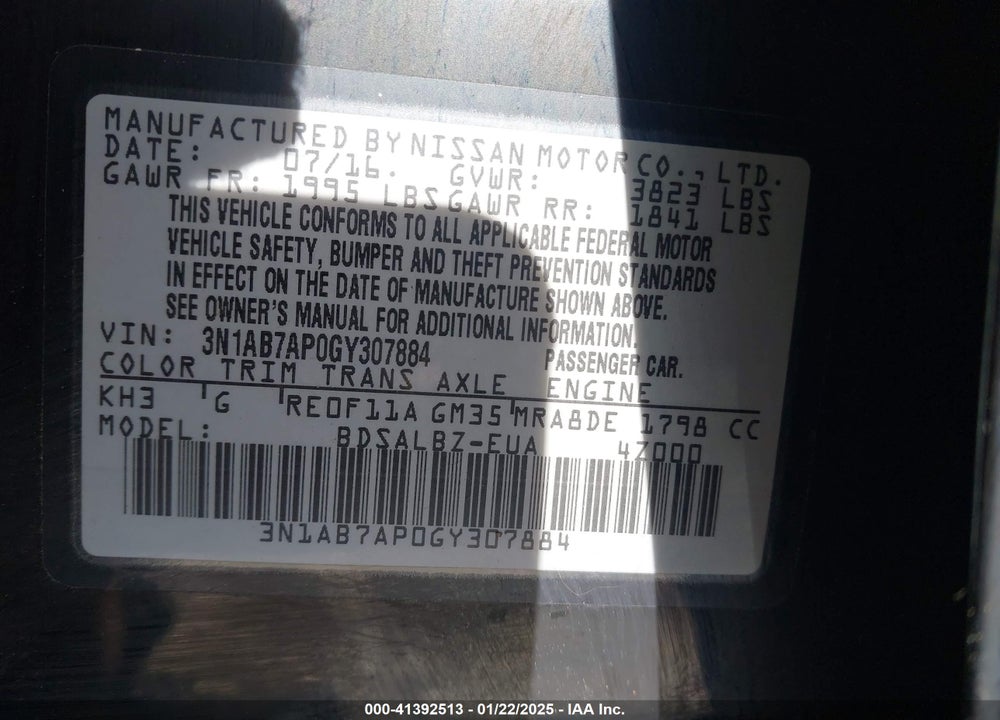 2016 NISSAN SENTRA VIN: 3N1AB7AP0GY307884