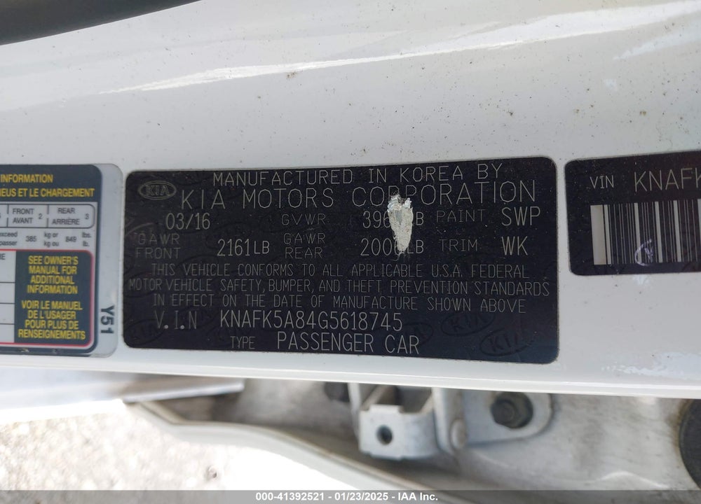 2016 KIA FORTE 5-DOOR VIN: KNAFK5A84G5618745